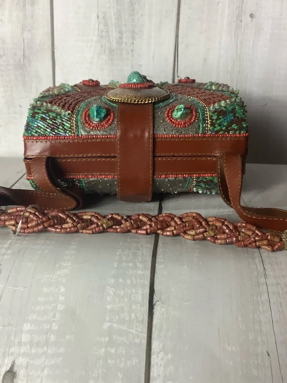 Mary Frances Brown Leather Crossbody with Turquoise and Red Beadwork